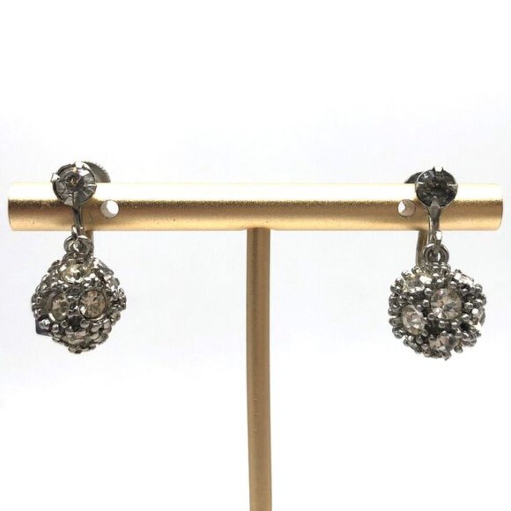 Vintage Rhinestone Ball Dangle Earrings Clip On Screw Back
